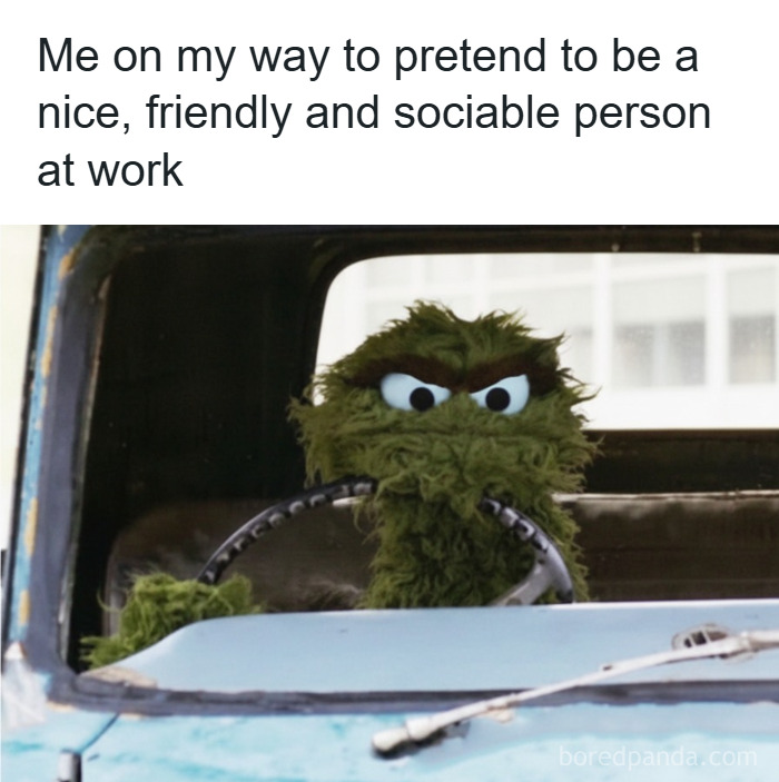 Oscar the Grouch driving a car with an angry expression, representing hilarious memes about stress relief at work.