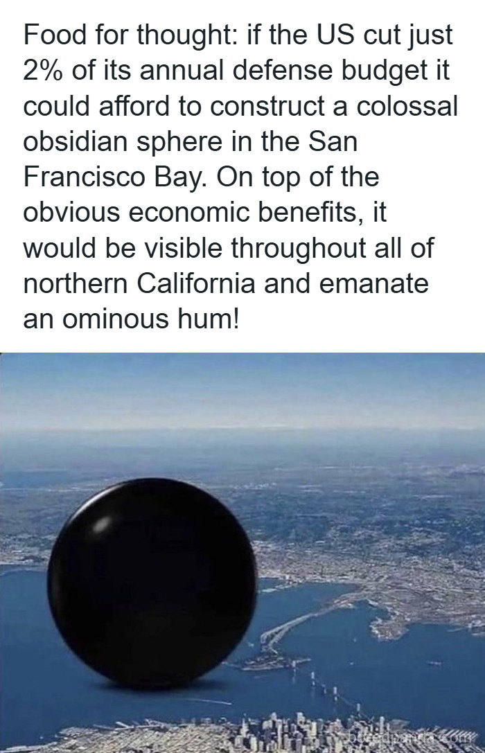 Colossal obsidian sphere concept in San Francisco Bay illustrating weirdest math problems solved with humor and scale.