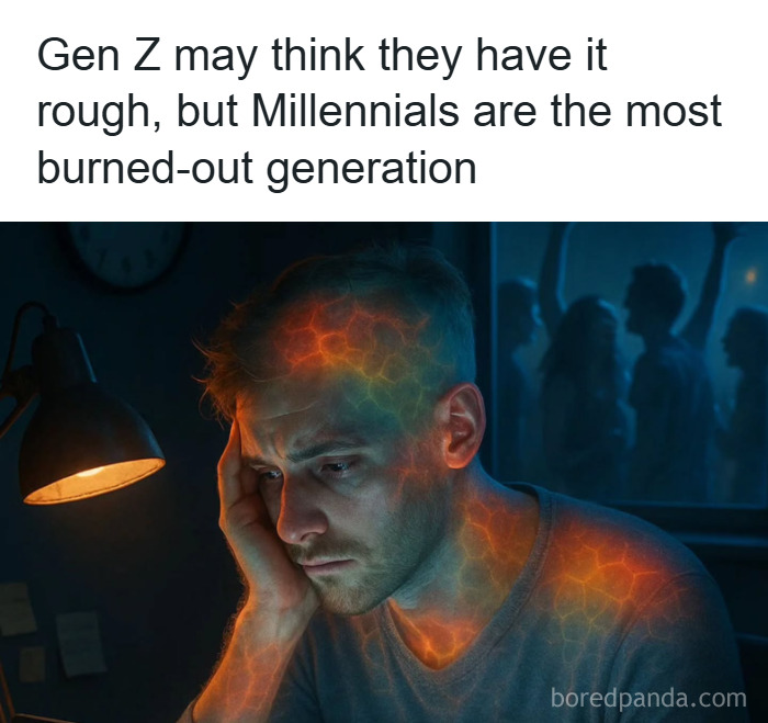 Stressed young man with glowing brain illustration, highlighting psychology facts about burnout and mental health in Millennials.