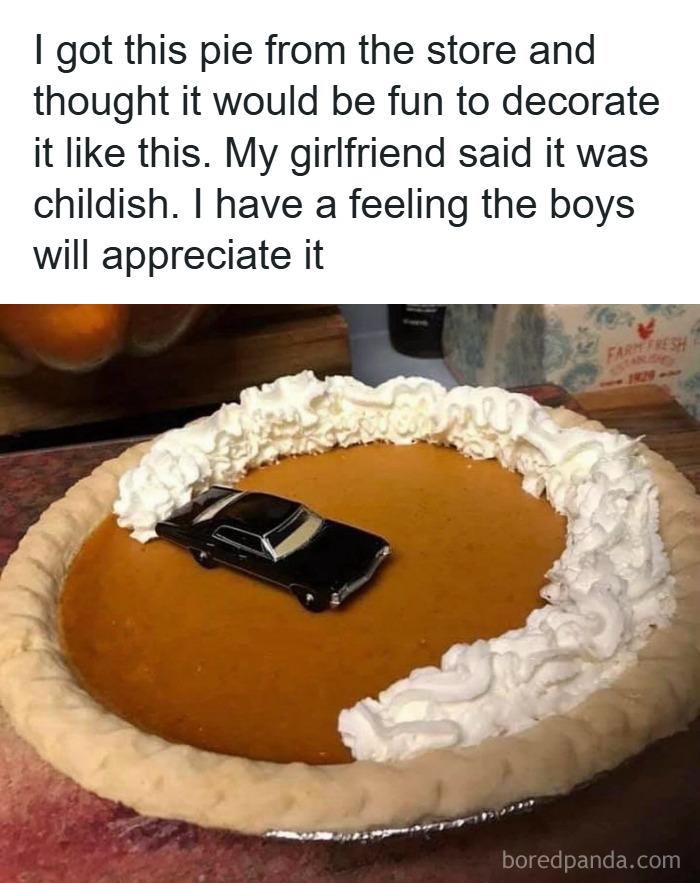 Pumpkin pie decorated with whipped cream and a toy car creating a humorous scene for hilarious memes about stress relief.