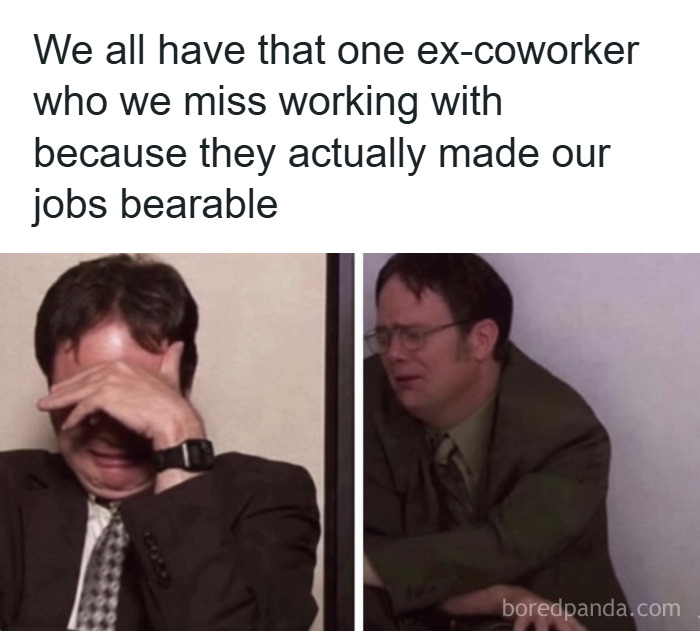 Man in suit and glasses crying expressing missing a coworker shown in a meme for hilarious memes about stress relief.