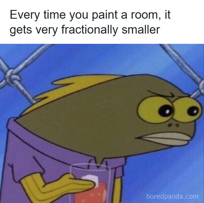 Fish character looking confused while holding a drink, illustrating a weird math problem about room size shrinking.