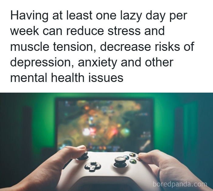 Hands holding a game controller with text about psychology facts on stress reduction and mental health benefits.