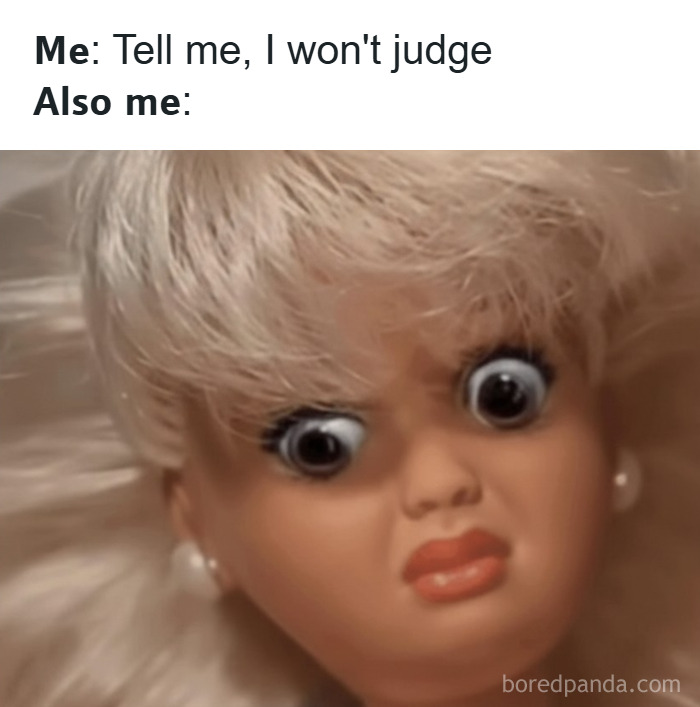 Close-up of a doll with wide eyes and shocked expression, a funny meme from 120 hilarious memes collection.