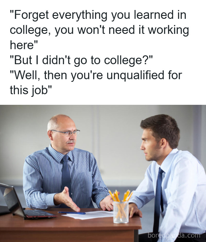 Man in a job interview telling a young candidate he is unqualified for the job without a college degree, college memes concept.