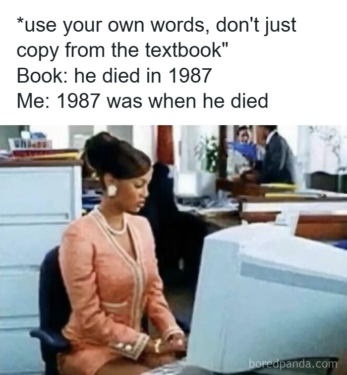 Student working at computer with meme text about using own words, illustrating college memes for students running on hope and energy drinks.