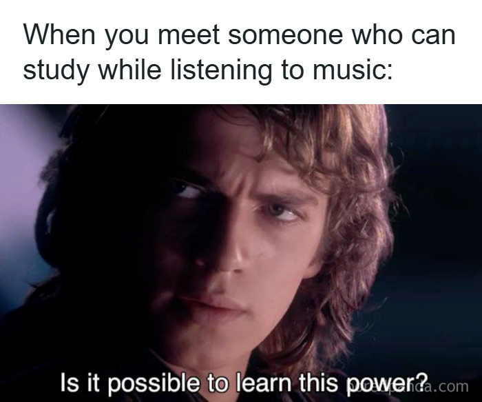 College meme showing a student amazed by someone who can study while listening to music, highlighting student struggles and energy drinks.