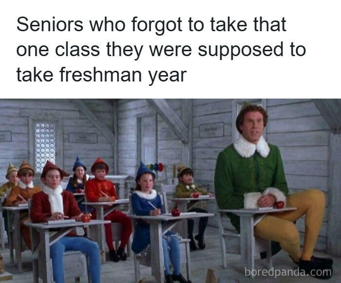 Scene from Elf movie showing adults dressed as elves in a classroom, humorously relating to college students and forgotten classes.