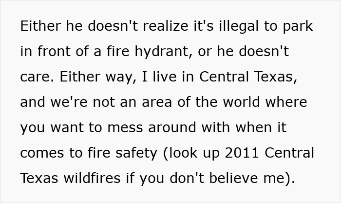 Text about illegal parking blocking fire hydrant in Central Texas, emphasizing fire safety and neighbor reporting incident. Text about illegal parking blocking fire hydrant in Central Texas, emphasizing fire safety and neighbor reporting incident.