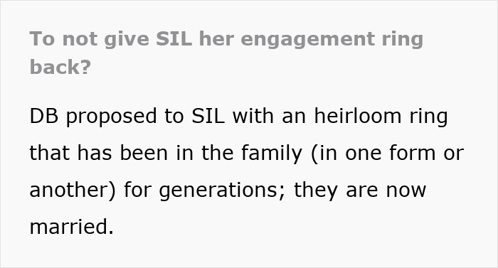 Woman pawns family heirloom ring, sister-in-law buys it back and demands she return the heirloom ring. Woman pawns family heirloom ring, sister-in-law buys it back and demands she return the heirloom ring.