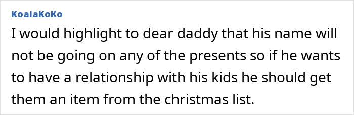 Screenshot of a forum post where a mom panics after a man changes his mind about contributing $400 per kid for Christmas gifts. Screenshot of a forum post where a mom panics after a man changes his mind about contributing $400 per kid for Christmas gifts.