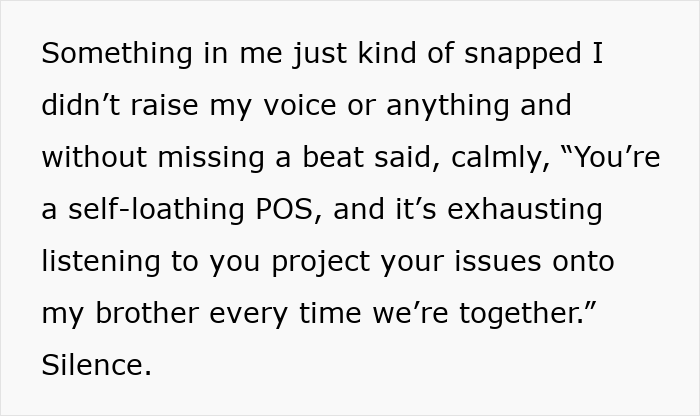 Alt text: Woman’s had it with BIL tearing down her brother claps back calmly during tense Thanksgiving dinner conversation Alt text: Woman’s had it with BIL tearing down her brother claps back calmly during tense Thanksgiving dinner conversation