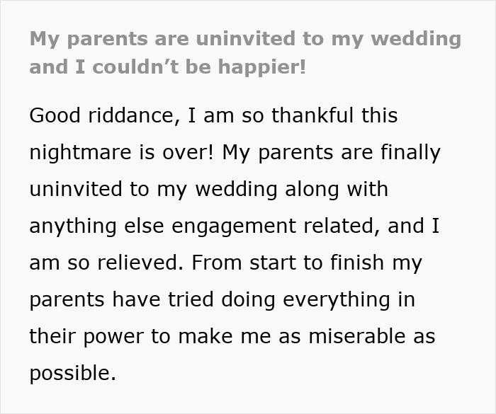 Text post about bride&rsquo;s parents throwing tantrums and being uninvited from wedding after causing misery.