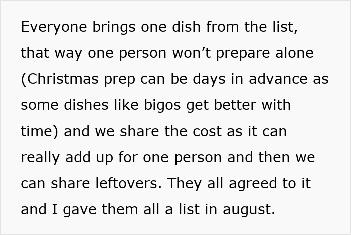 Text excerpt about Christmas dinner prep, highlighting issues with lazy relatives not bringing food and hosting frustrations. Text excerpt about Christmas dinner prep, highlighting issues with lazy relatives not bringing food and hosting frustrations.