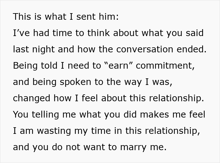 Alt text: Screenshot of a text message discussing earning commitment and feelings about a relationship after 4.5 years together.