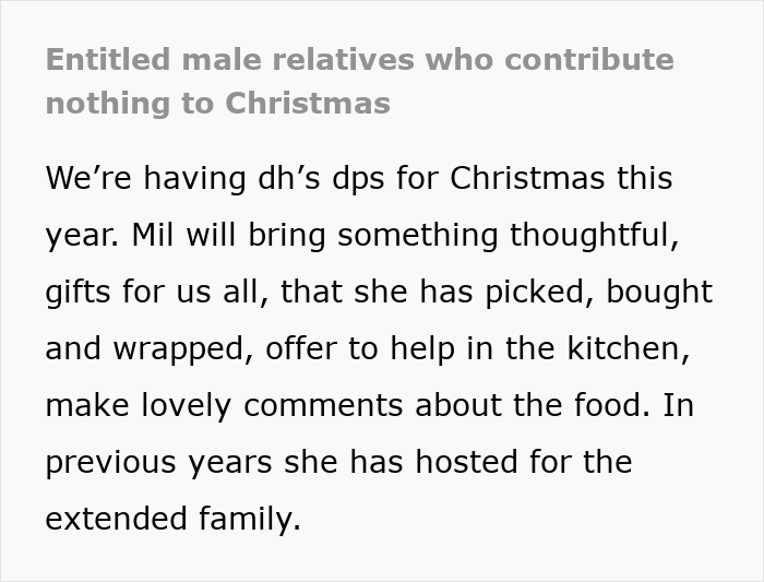 Text excerpt calling out entitled male relatives who contribute nothing to Christmas preparations or celebrations.