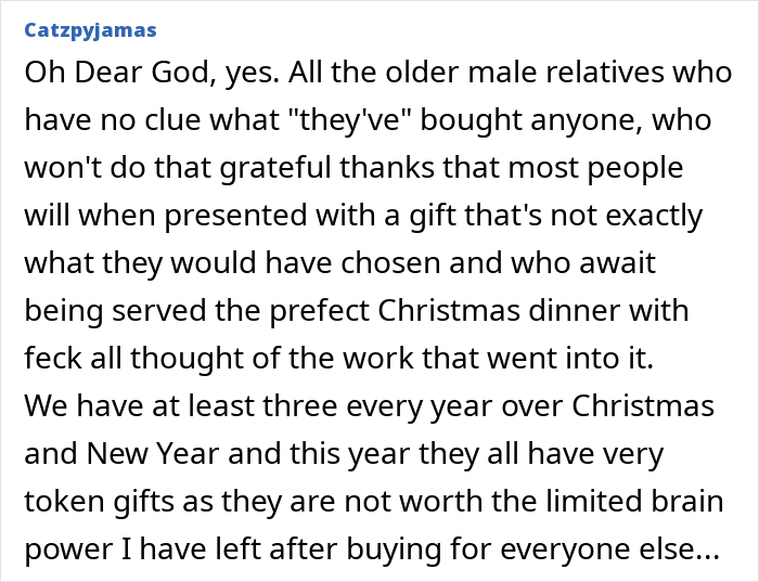 Text post discussing frustrations with older male relatives who feel entitled to do nothing during Christmas. Text post discussing frustrations with older male relatives who feel entitled to do nothing during Christmas.