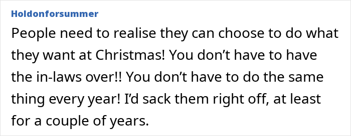 Woman commenting on men feeling entitled to do nothing during Christmas and encouraging choice and change in traditions.