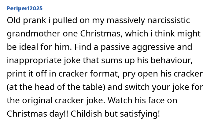 Text post of a woman calling out men who feel entitled to do nothing during Christmas with a prank story about a narcissistic family member.