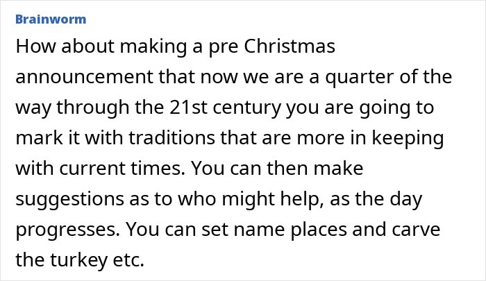 Alt text: Woman addressing men&rsquo;s entitlement to do nothing and encouraging equal participation during Christmas traditions.