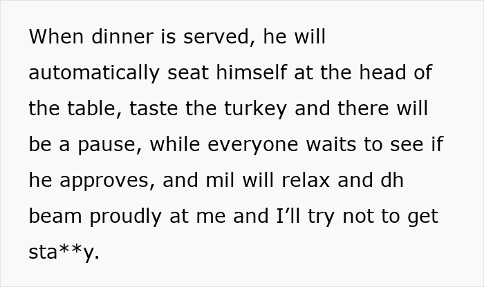 Text excerpt about a woman calling out men who feel entitled to do nothing during Christmas dinner preparations.