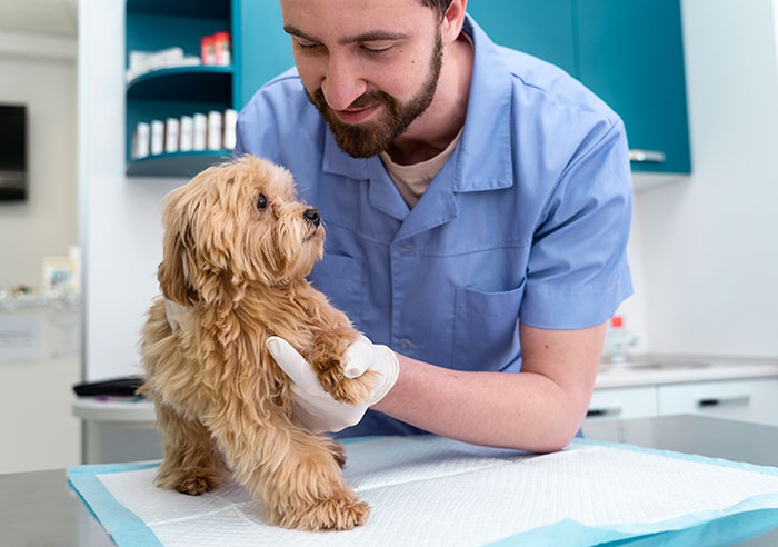 Man in medical scrubs examining small dog, representing entitled mother expenses split with son and girlfriend. Man in medical scrubs examining small dog, representing entitled mother expenses split with son and girlfriend.