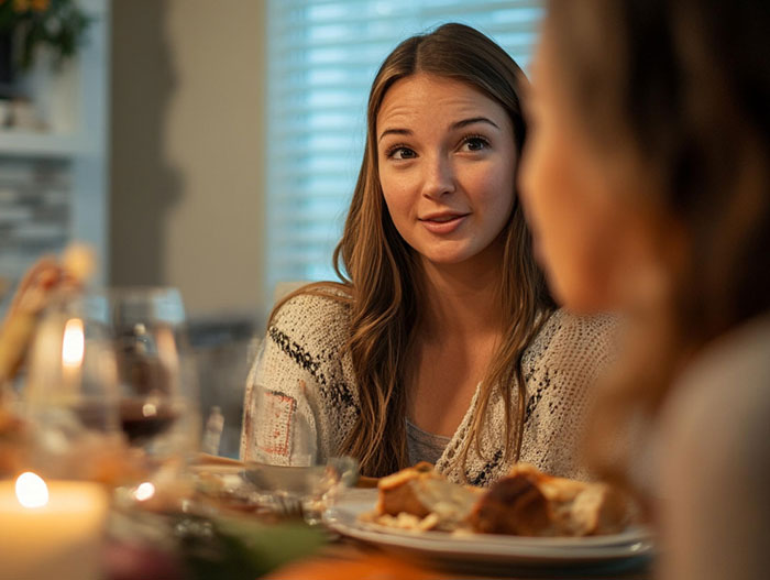Young woman at Thanksgiving dinner table talking to another guest, illustrating entitled Thanksgiving guest behavior.