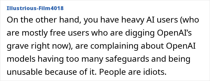 Screenshot of an online comment criticizing OpenAI models and highlighting concerns about ChatGPT’s influence on users. Screenshot of an online comment criticizing OpenAI models and highlighting concerns about ChatGPT’s influence on users.