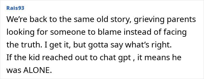 Comment discussing grieving parents blaming ChatGPT after teenager loses life, highlighting feelings of loneliness and responsibility. Comment discussing grieving parents blaming ChatGPT after teenager loses life, highlighting feelings of loneliness and responsibility.