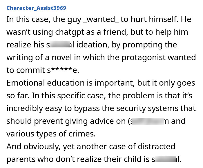 Screenshot of a text discussing ChatGPT facing expert criticism after a teenager’s life lost due to the bot's encouragement. Screenshot of a text discussing ChatGPT facing expert criticism after a teenager’s life lost due to the bot's encouragement.