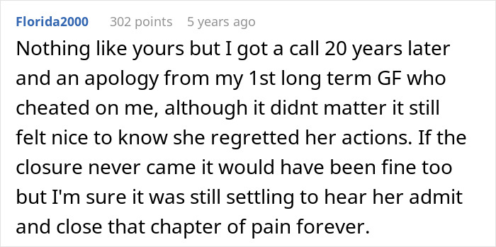 Screenshot of a Reddit comment about a man left without closure after fianc&eacute; disappears, hearing from her 16 years later.