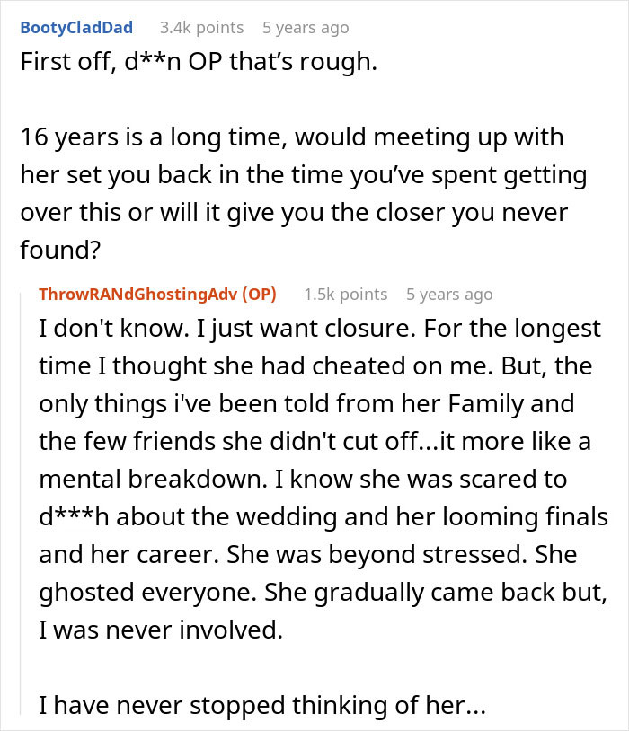 Reddit user shares story about man left without closure after fiancé disappears before wedding then hears from her 16 years later. Reddit user shares story about man left without closure after fiancé disappears before wedding then hears from her 16 years later.
