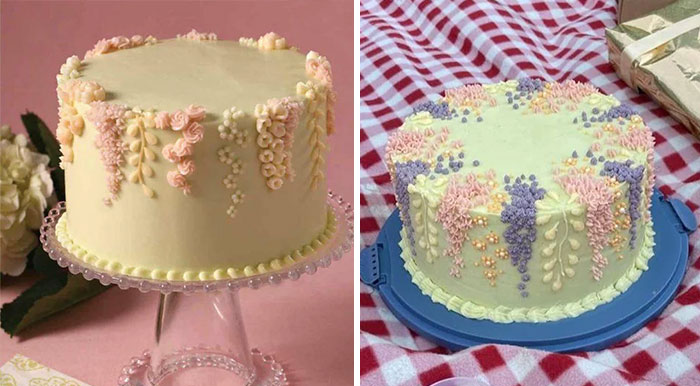 Side-by-side expectation vs reality photos of decorative floral cakes showing differences in icing and design quality.