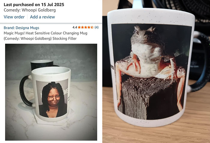 Heat sensitive color changing mug showing different unexpected images, illustrating expectations vs reality photos.