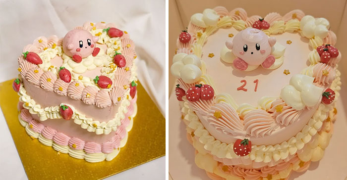 Side-by-side photos showing expectations vs reality cakes with cute Kirby decorations and strawberry icing details