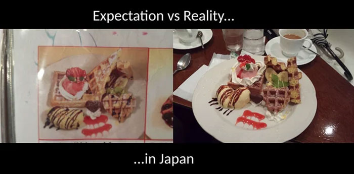 Expectation vs reality photo of a dessert plate in Japan showing underwhelming and overjoyed reactions.