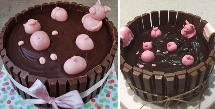 Comparison of expectation vs reality photos showing a chocolate cake with pig-shaped decorations, highlighting underwhelming results.
