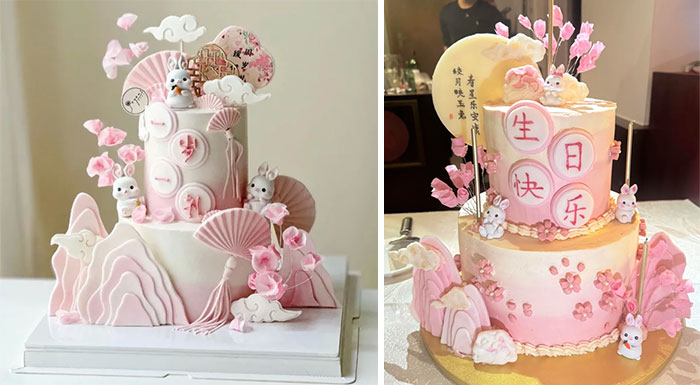 Expectation vs reality photos of a pastel pink cake with bunny and cherry blossom decorations, showing a mismatched result.