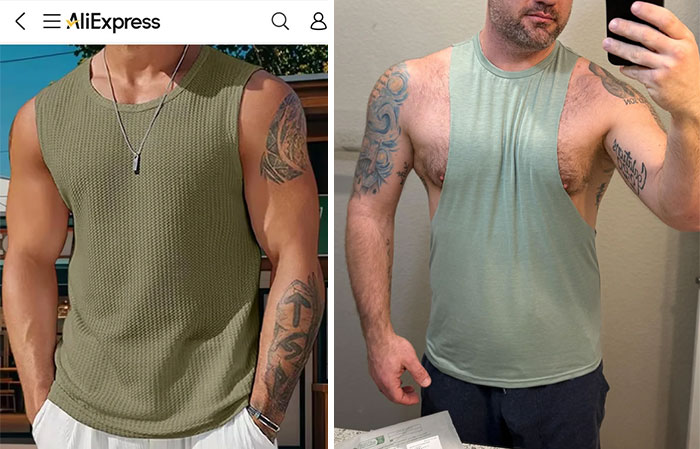 Side-by-side expectations vs reality photos showing underwhelming and overjoyed reactions to a sleeveless shirt purchase.