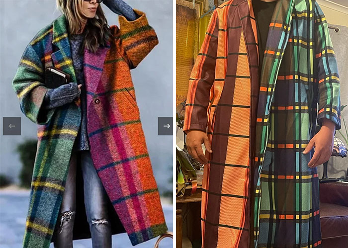 Split image showing expectation vs reality of plaid coats, with colorful patterns but different fits and fabric textures.