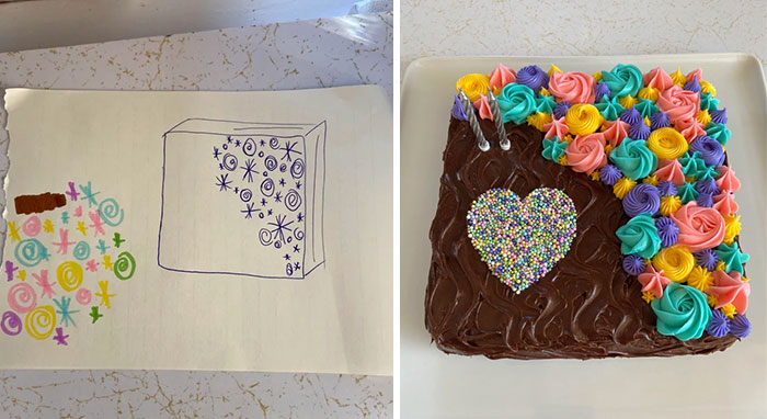 Expectation vs reality photo showing a colorful, hand-drawn cake design next to a decorated chocolate birthday cake.