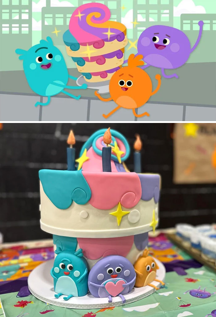 Cartoon characters holding a colorful ice cream cone vs. a decorated cake with the same characters in an expectations vs reality photo.