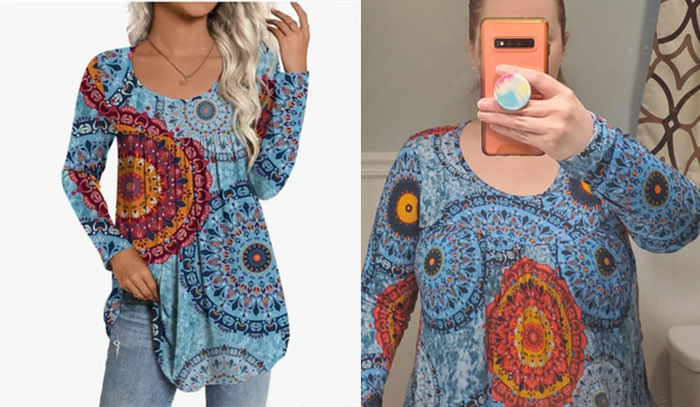 Side-by-side comparison of a colorful mandala patterned top in expectation versus reality photos highlighting clothing differences.