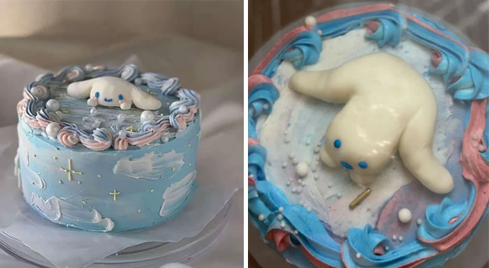 Side-by-side comparison of expectation vs reality photos showing a baby seal cake with disappointed and joyful reactions.