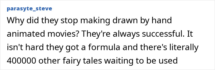 User comment questioning why Disney stopped making hand-drawn animated movies amid concerns over soulless remakes. User comment questioning why Disney stopped making hand-drawn animated movies amid concerns over soulless remakes.