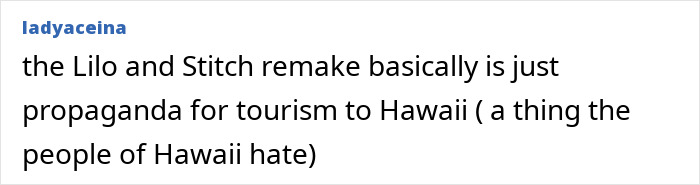 Comment text discussing the Lilo and Stitch remake as tourism propaganda, highlighting Disney remake criticism and racism concerns. Comment text discussing the Lilo and Stitch remake as tourism propaganda, highlighting Disney remake criticism and racism concerns.