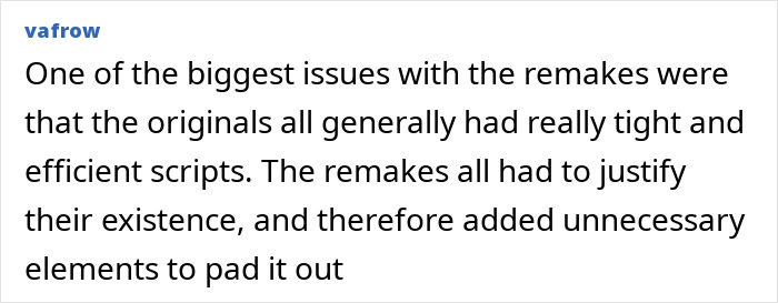 Text comment discussing issues with Disney remakes lacking tight scripts and adding unnecessary elements, addressing soulless remakes. Text comment discussing issues with Disney remakes lacking tight scripts and adding unnecessary elements, addressing soulless remakes.