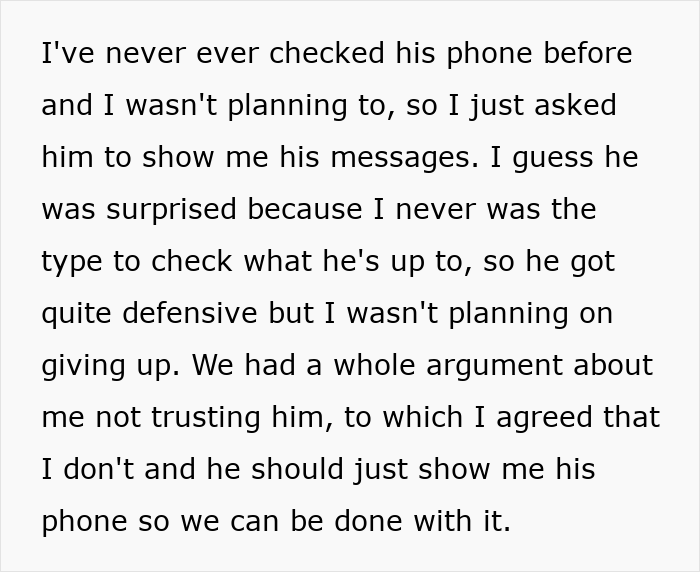 Text excerpt from a woman confronting her boyfriend about trust and checking his phone messages after suspicion of cheating.