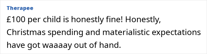 Commenter Therapee discussing concerns about £100 per child for Christmas and rising materialistic expectations. Commenter Therapee discussing concerns about £100 per child for Christmas and rising materialistic expectations.
