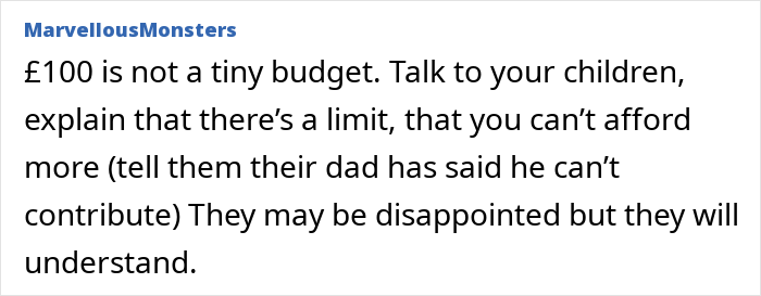 Text post from MarvellousMonsters advising parents to explain financial limits to children when promised contributions change.